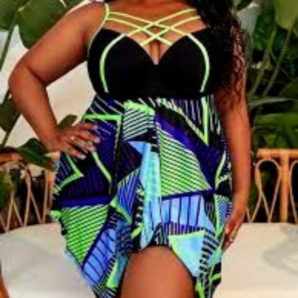 👙 Geo Print Tankini Crisscross Hem Pushup Cami Top Swimsuit Swim Dress 1XL / 14